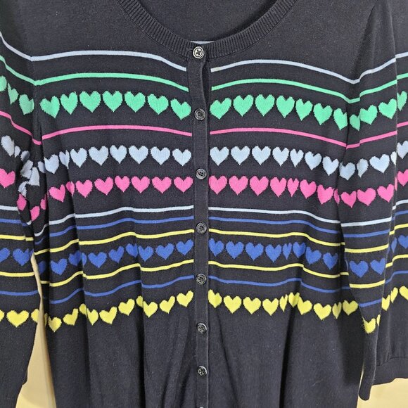 Talbots Heart Pattern Cardigan Sweater 1X Navy Multicolor 3/4 Sleeves Rainbow - Picture 3 of 9